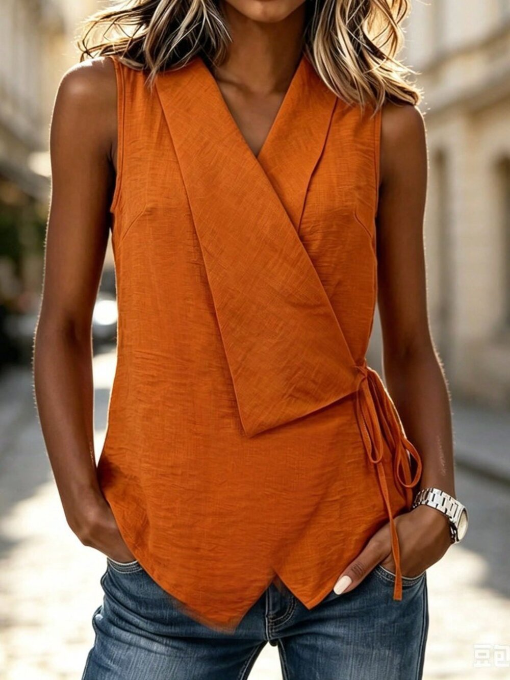 Orange Casual Women's French Old Money Lace-Up Slouchy Sleeveless Tank Top - Picture 3 of 3